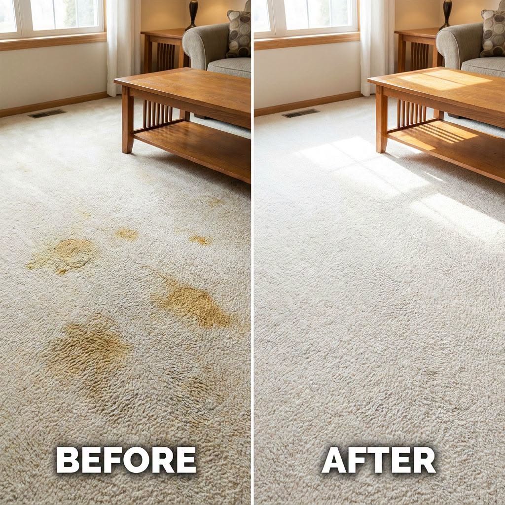 Before and after of orange stains removed from a living room carpet