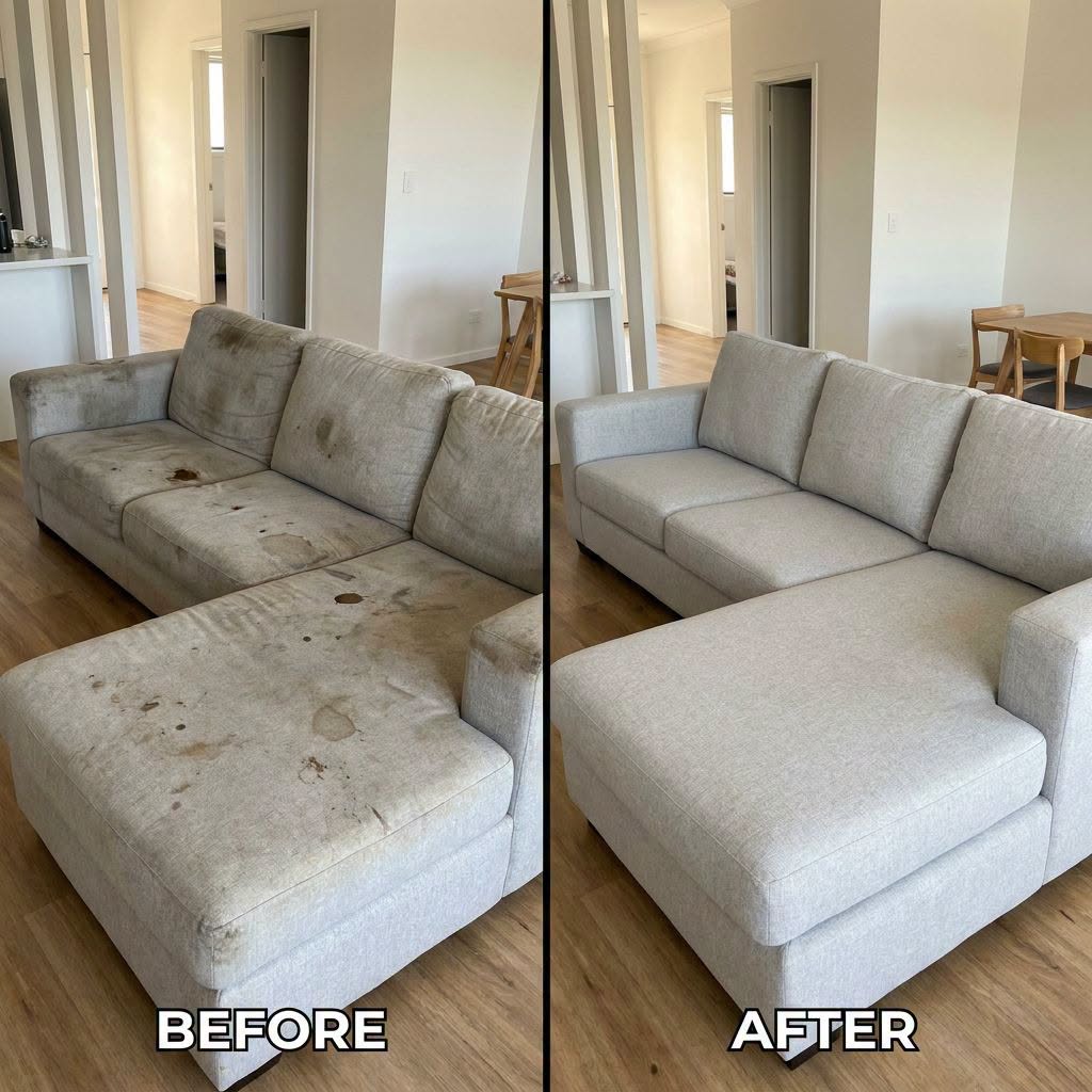 Before and after of a stained grey sectional sofa, cleaned to look like new